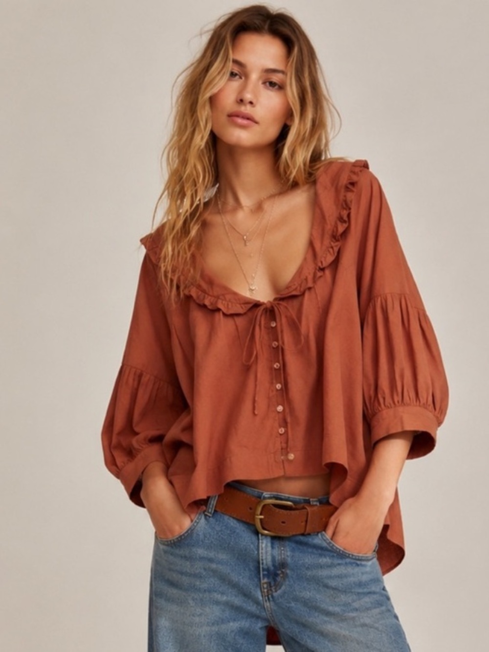 Urban Outfitters Ruffle Tie Front Peasant Blouse SP Brown Boho Cotton Top